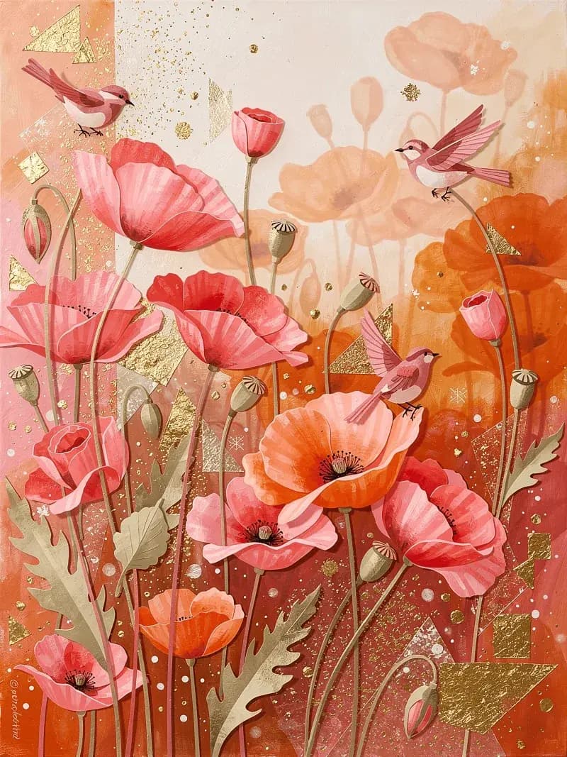 Abstract collage of vibrant pink and orange poppies with golden textures