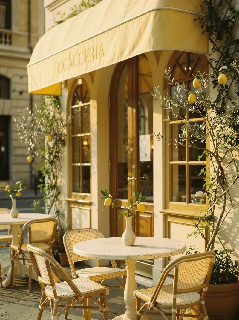 Elegant Mediterranean boutique café exterior with a refined citrus theme