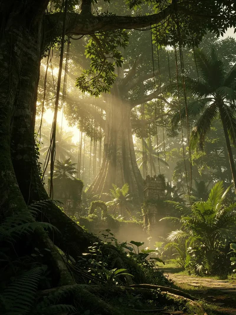 Lush tropical jungle environment with towering trees and misty atmosphere