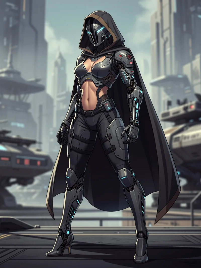 Highly detailed character design of a futuristic female spy in a form-fitting suit and armor