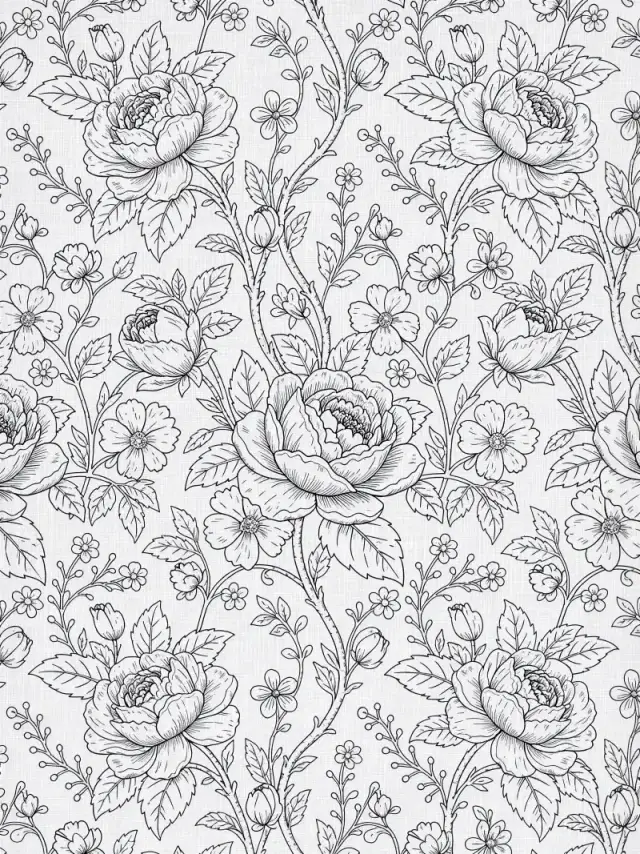 Toile de jouy floral line art, enlarged design, ultra high quality, crear edges