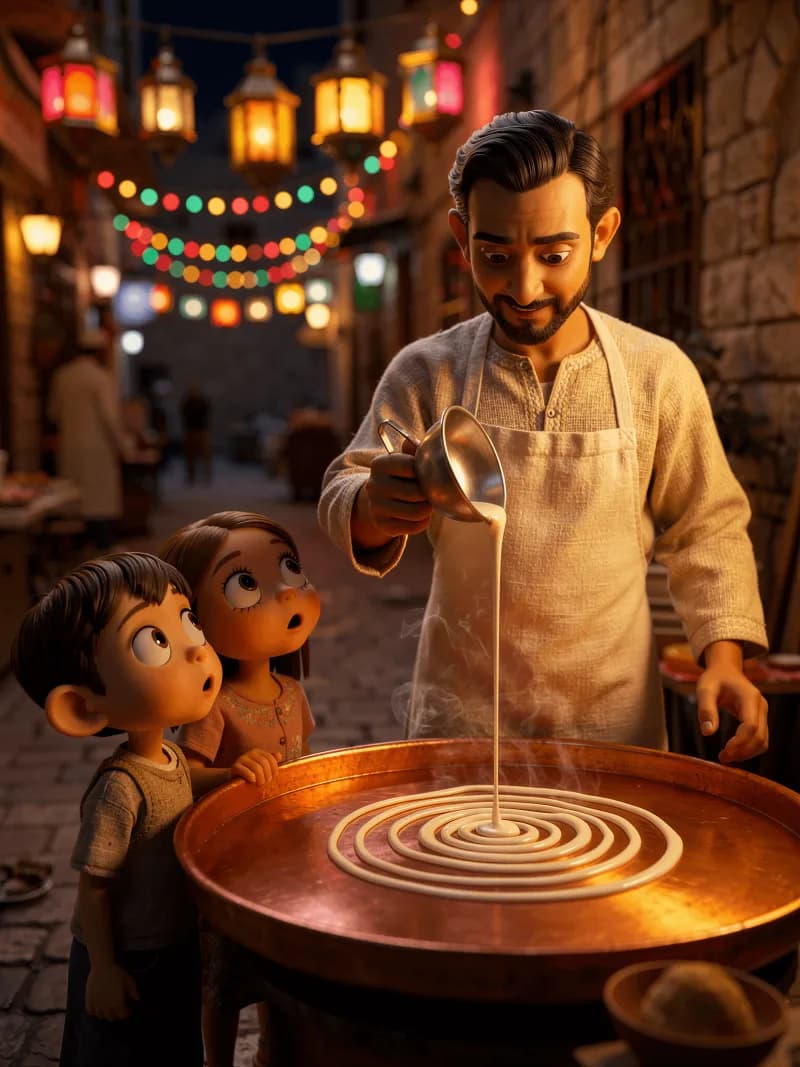 Cinematic stop-motion shot of a traditional Egyptian Kunafa maker
