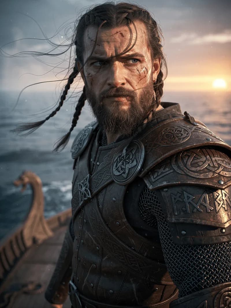 Close-up of Ragnar Lothbrok on ship bow, wind blowing hair, detailed armor reflecting sunrise